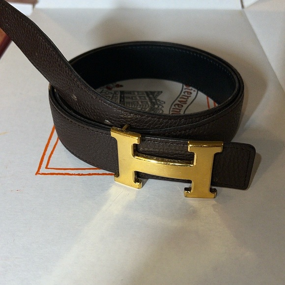 Hermes Black/Chocolate Chamonix & Togo Leather Constance Reversible Belt UNISEX. - Picture 3 of 17